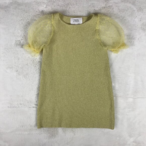 Kids Girls ZARA Golden Lime Metallic Puff Sleeve Mini Dress Size 6 - Picture 6 of 6